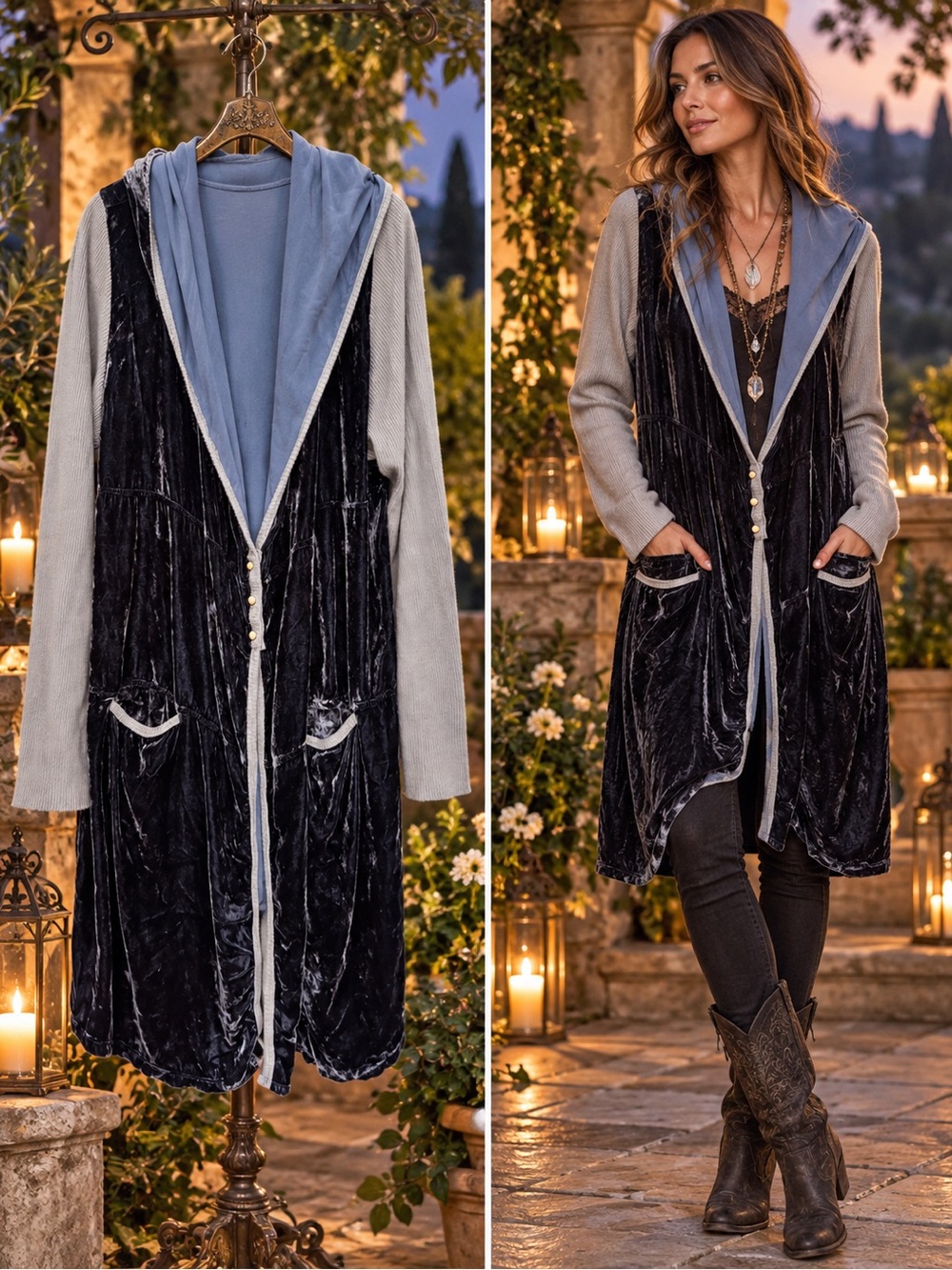 Johnny Was Pete & Greta velvet hooded cardigan with knit sleeves Size Medium